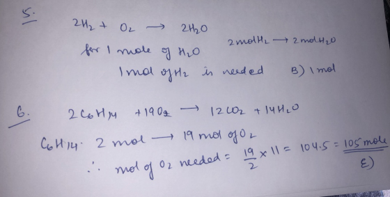 til mewqmo 21₂ + O2 - 2H2O 2 moltz for I mole of H2O Ind of H2 is needed 2 molto B) i mol 6. 266 Hlu + 190g - 1202 + ICHIO Co