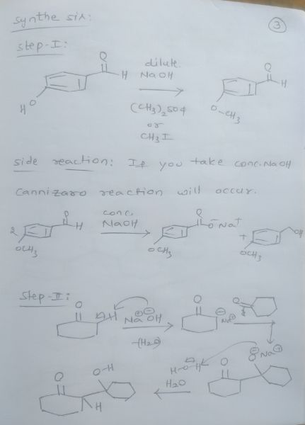 synthe six step-I -H dilute NOOH (CH₃)₂504 CH₂ I side reaction: Te you take conc. No off Cannizaro reaction will occur. cona