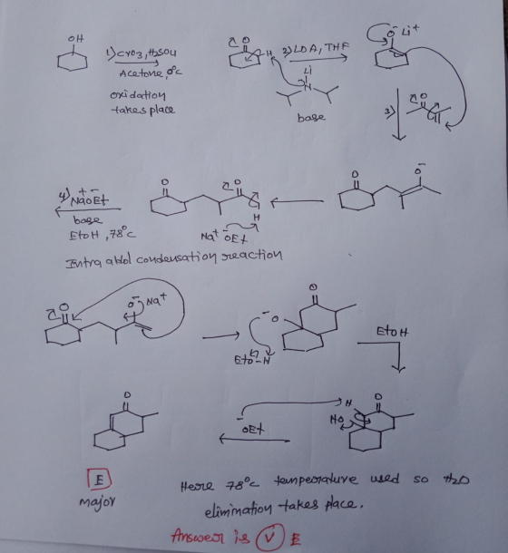 OH Gout 1) cro3, Hosou Acetone, a 온 2) LD A, THE oxidation takes place ود base 4 Naolet base EtoH 78°C Entra aldo condensatio