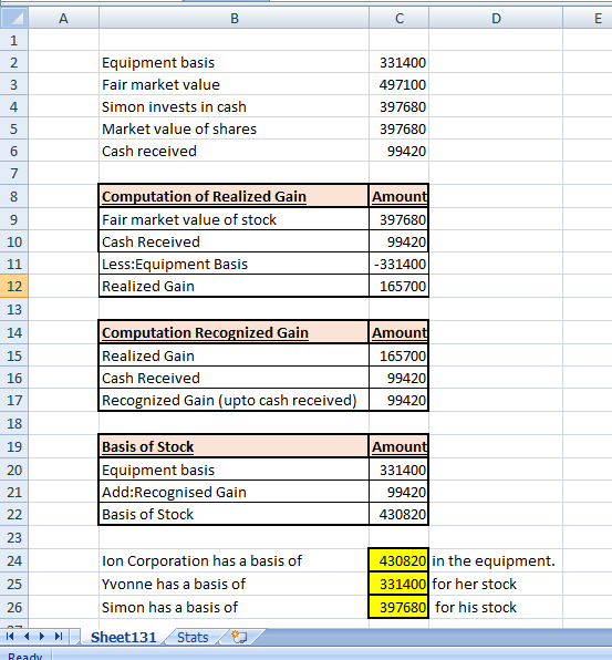 A B C E 1 N 3 4 5 6 Equipment basis Fair market value Simon invests in cash Market value of shares Cash received 331400 49710
