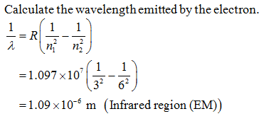 Calculate the wavelength emitted by the electron. =1.097x10 (_) =1.09 x10 m (Infrared region (EM))