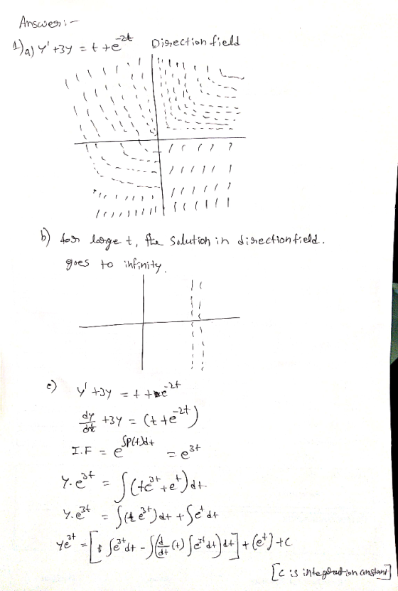 Answers in Direction field 1aly +39 -t te cilin CS +7 117 Trillil!!!! b) for goes lastige t, the solution in disection field.