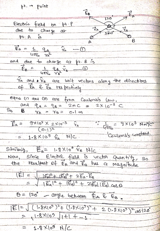 pt. Point 120 Elechie fied n due to charat (S cund cue -fo chare at 6t. B fs andTe are unit veetors alon the direcns ejns (1) ani an are from Coulombs (aus and O-12 Nou, . Since-Eleche field-s vector chanhh so the resut EA d Ea ma.gwtude