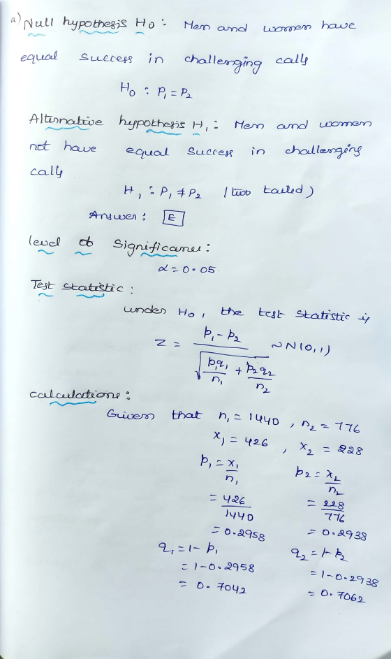 a) Null hypothesis Ho: Men and women have e2 equal success in challenging calls Ho :P, = P2 Alternative hypothesis H,: Men an