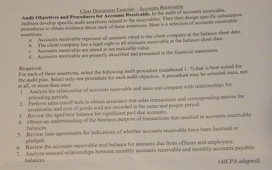 Class Discussion Exercise- Accounts Receivable Audit Objectives and Procedures for Accounts Receivable. In the audit of accou