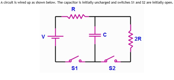 A circuit is wired up as shown below. The capacitor is initially uncharged and switches S1 and S2 are initially open. 2R S1 S2