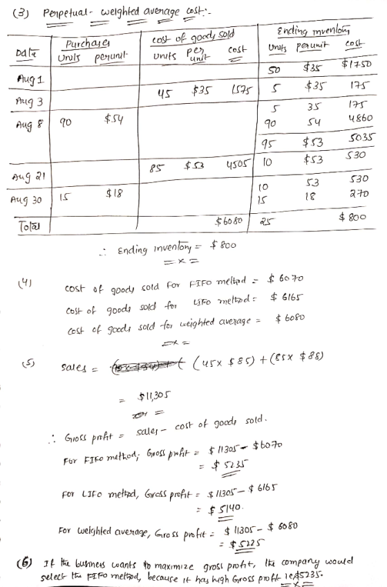 3) Perpetual- weighted average costi- cost of goods sold units per cost Purchases Data Unils perunit Aug 1 Aug 3 Aug 8 | 90 $