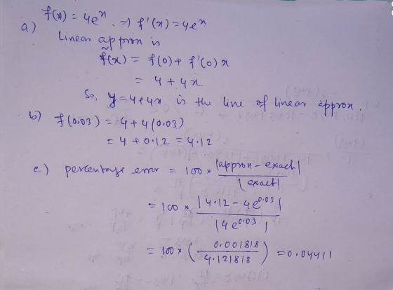 appron is f(x) = yen a f(a)=40 a) Linear f(x) = f(0) + f(o) a = 4+40 So, y=4440 is the line of linear appron. 6) (0.03 ) =