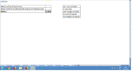WACC-rd*1-t)wd+rs ws WACC-0.04 (1-0.34) (22/(18+22))+0.11 (18/(18+22)) WACC- rd cost of debt t- tax rate wd- weight of debt