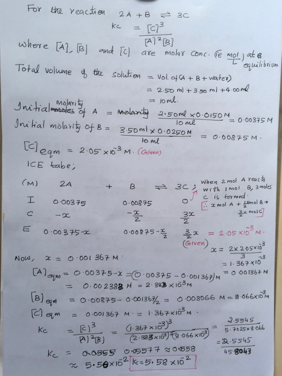 For the Yeactien 2A +B टे 3C ke A1B molar Conc. e molat e where A1 B and c) are uiibrium Total volume the solutien =Vol. of C