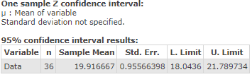 One sample 2 confidence interval: : Mean of variable Standard deviation not specified. 95% confidence interval results: Varia