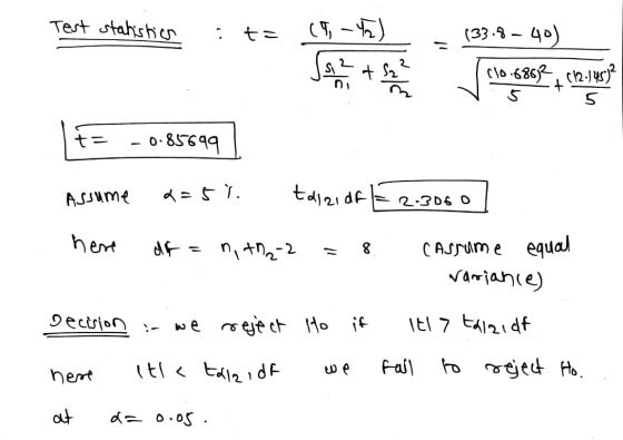 Test statistics : t= 19, -yo) SA+S22 = 133.8 – 40). 1106802, (h. | F= -0-85699). Assume 2=5% taizi df = 2.306 here df = n, th