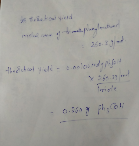 to the detical yield. melal mas a hoimet. phenylmethan = 260.3 g/mol theoretical yield - 0.0000omo a pholt x 260.39 mul Triol