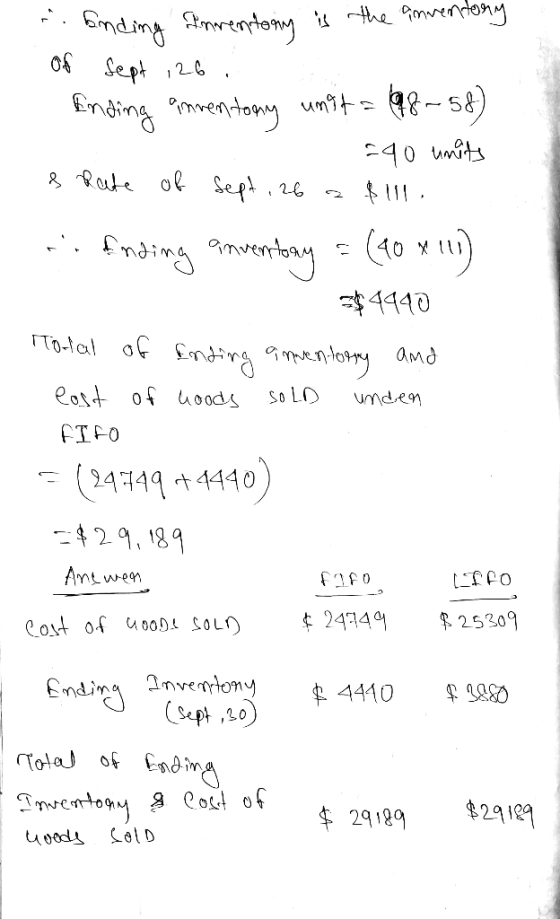 - Ending Inventoring is the inventory of Sept 126 i Ending inventory unst = 98-58 1 290 units & Rate of Sept 26 a $111. .. En