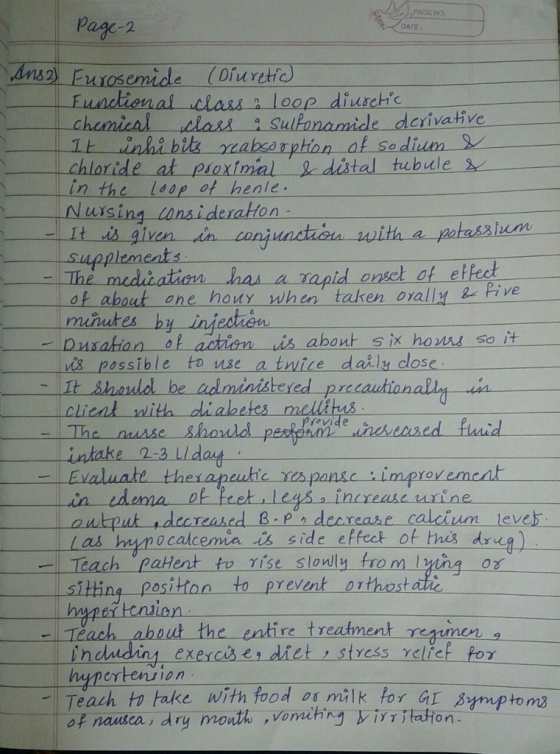 Page-2 DATE: ns2 uosemide Diuret chamical dlas Sultanamide derivative chloride at psexin in the Loop of heale Nursing tanside