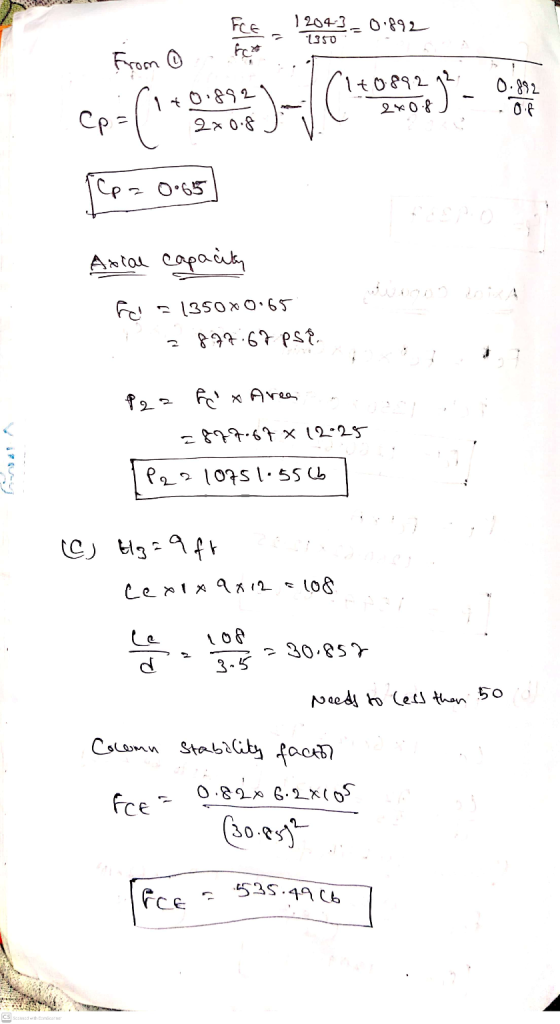 FLE 12040_0.892 1350 From 1t0892 1+0.892 (140 89 29 0.892 0.6 Cp 2x0.8 Cp- 0.65 Axial capacity fo =1350x0.65 877.67 pse P23