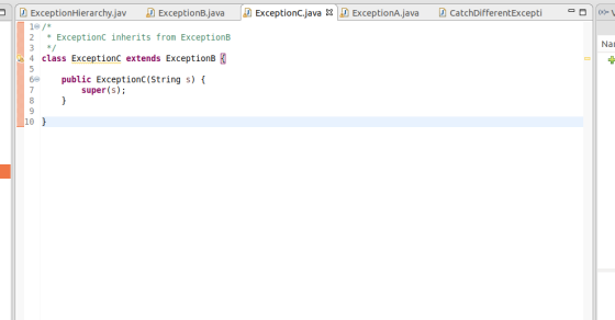 3 Exception.java X ExceptionA.java CatchDifferentExcepti - 8 (x)= h D ExceptionHierarchy.jav ExceptionB.java 10/* 2 * Excepti