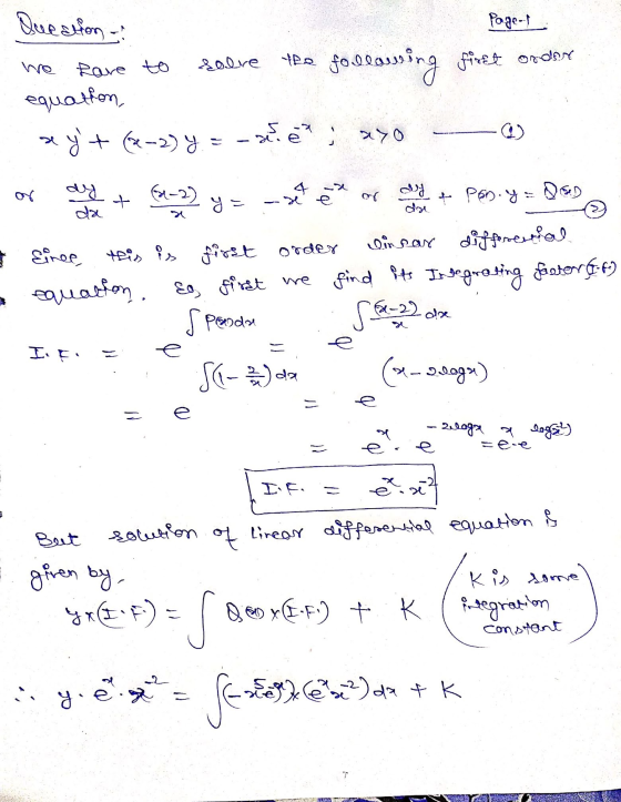 Queation Page-t solve the follo ollowing firet order we have to equation, ayt (x-2) y se. et ; ayo (1-2) y = - e dy dae + Pa
