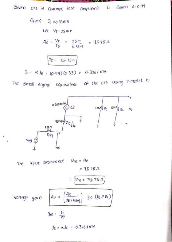 Given ckt is common base mon base amplificul amplifica Given d=0.99 C Given ÍE =0:33MA Let VT = 25m v re - VT - 25m SE 0.33m