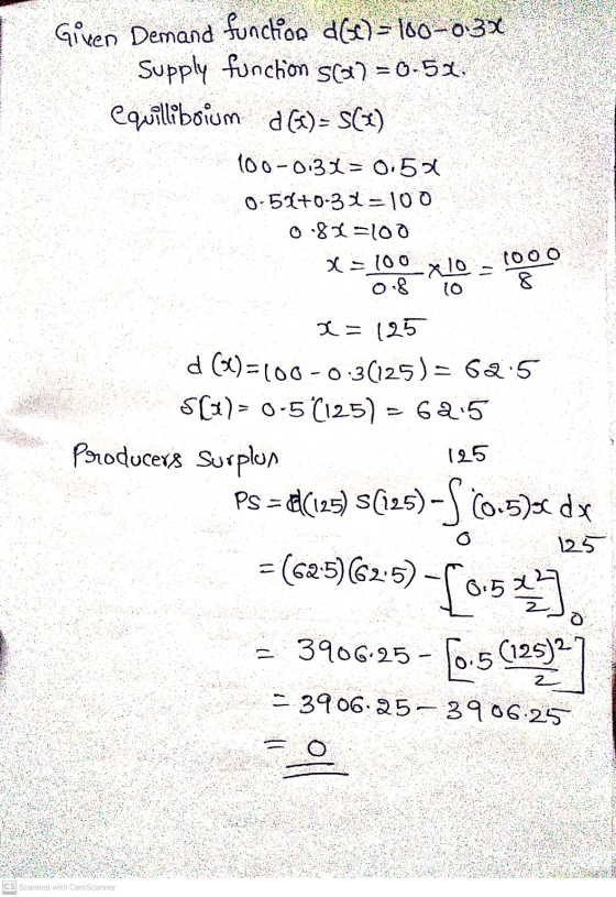 Given Demand function d(+C) = 160-03X Supply funchion sca)=0-52, equillibrium d6) - S(c) 100 -0.34 = 0.5-1 0-54+0-34-100 088=