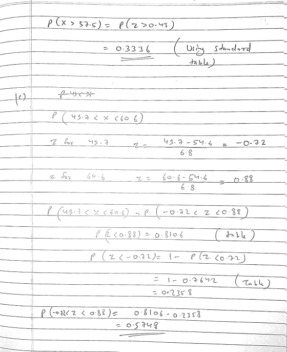 (x > > 57-5) = P(za >0-43) = 0.3336 ( Using Standard table) (ग 1-48X P 45.7 < x 560.6) ep Z ug. 7 -0.72 us. f -54.6 6.8 2 for