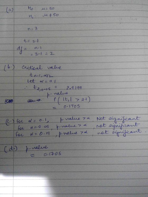 Ho: u=50 M 50 n=3 te 2.1 d = noi = 3-1 = 2 16.) Critical value tn-1, 42 let a = 0.1 - t. 20.05 = 2.9199 p-value la 2 P lt,l >