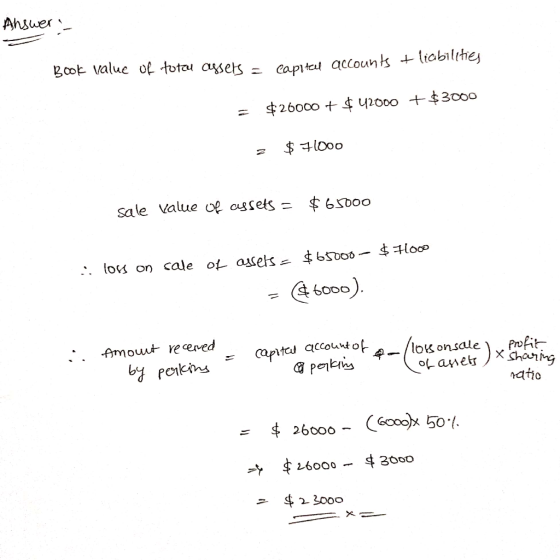 Answer - Book value of totou assets - capital accounts t liabilities = $26000 + $ 42000 + $3000 2 $ 71000 sale value of asset