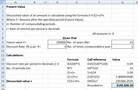 A B C D E 1 Present Value 2 3 Discounted value of an amount is calculated using the formula V=F/(1+r)^n 4 Where F= Amount aft