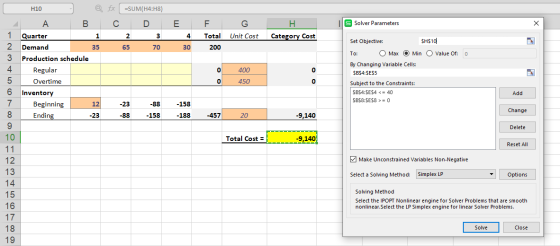 C fx C =SUM(H4:H8) D 2 3 65 70 E Solver Parameters 1 2 3 4 30 F G H Total Unit CostCategory Cost 200 H 10 @ A B Quarter 1 Dem