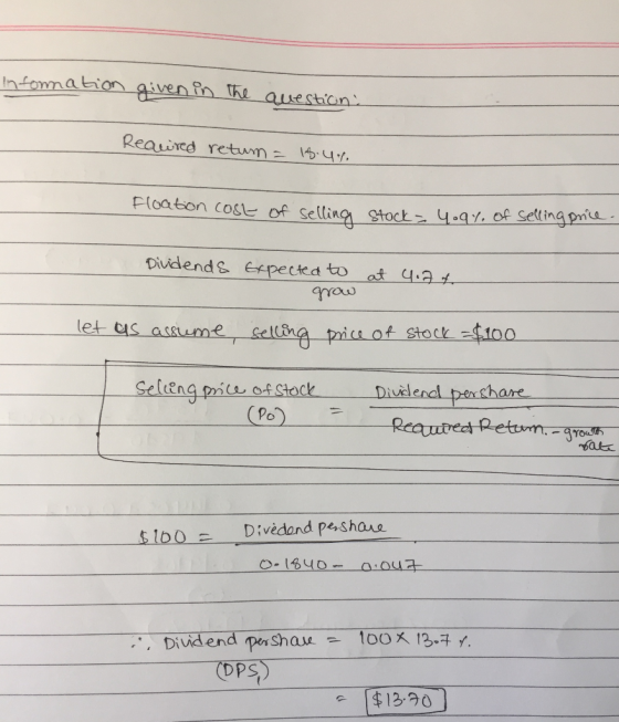 Information given in the question: Required retum = 18.4% Floation cost of selling stock 4.94, of selling price. Dividends Ex