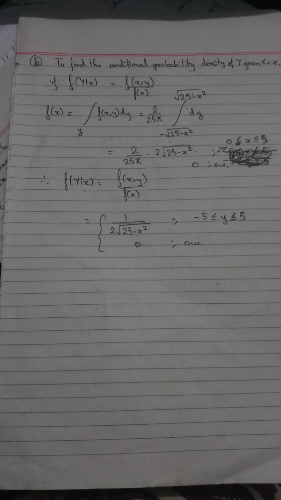 >$ 6 To find the conditional probability density of I green X=x. of f(Ylx) f Cary) √25-x² f(x) = f feyddy dy fCo) 2 250 y -√2