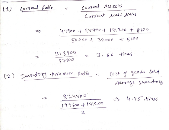 (1) Current Ratio current Assests Current liabilities 4 eppot 44700 + 171200 + 810o 50000 + 32000 + 5100 3. 66 times 318900 8