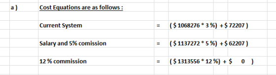 a) Cost Equations are as follows: Current System ($1068276*3%) + $ 72207) Salary and 5% comission ($ 1137272 * 5%) + $62207)