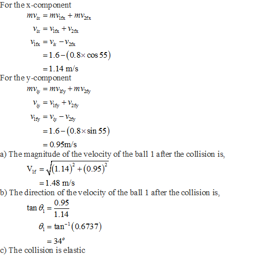 For the x-component 1.6-(0.8x cos 55) 1.14 m/s For the y-component 1.6-(0.8xsin 55) - 0.95m/s a) The magnitude of the velocit