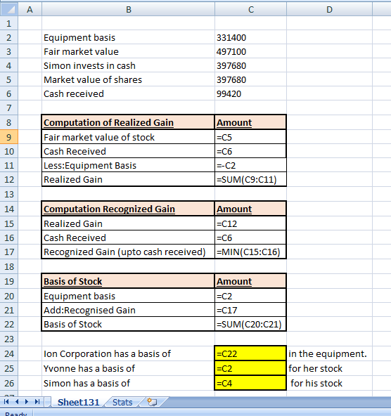 А B с D 1 2. 3 Equipment basis Fair market value Simon invests in cash Market value of shares Cash received 331400 497100 397