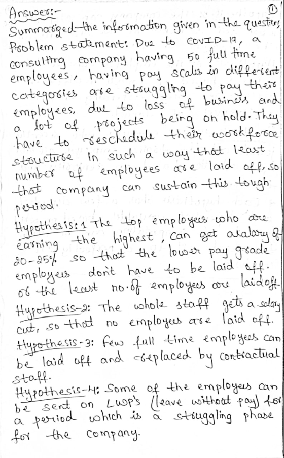 Answerin Summatiged the infosomation given in the questies; Problem statement: Duz to COVID-19, consulting company having 50