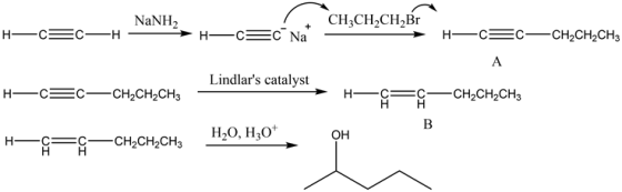 NaNH
+ CH3CH2CH2Br
H-CECH - →H-CEC Na -
→
H-CEC-CH2CH2CH3
Α
Lindlars catalyst
H—c5c-CH2CH2CH3
H
=-—CH2CH2CH3
HO, H307
CEC-CH