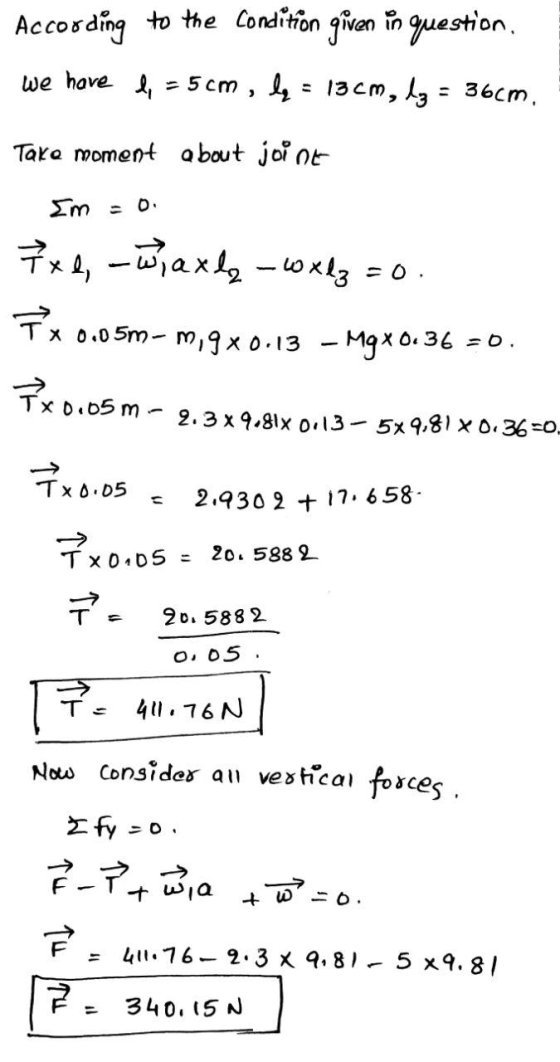 According to the condition given in question. we have le = 5 cm, ly = 13cm, dy = 36cm. Take moment about joint Im = 0 7xe, wa