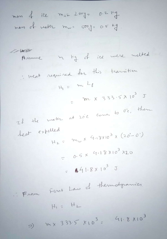 mans of ice mass of water miz zooga 0.2 kg mw- 500g= 0.5kg is hear Arrume m kg of ice were melted : Heat required for transit