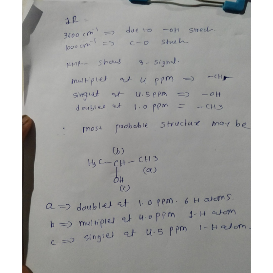 JR- due to Stredl 3600 cm Streh C-O 1000 Cm Shous Sign NMR multiplet -CH Singut u.5 PPM 1.O PPM -CH 3 most piobable Structar