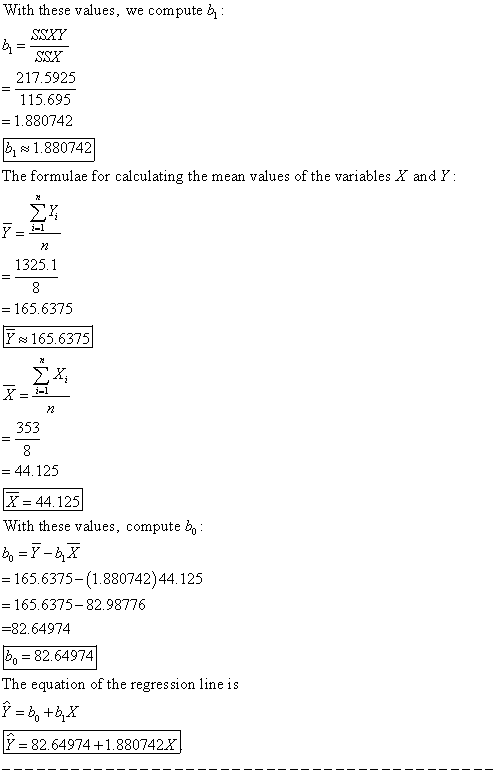 With these values, we compute SSXY SSX 217.5925 115.695 1.880742 1.880742 The formulae for calculating the mean values of the variables X and Y 1325.1 = 165.6375 Y165.6375 353 44.125 X-44.125 With these values, compute 165.6375-(1.880742)44.125 165.6375-82.98776 82.64974 o 82.64974 The equation of the regression line is E. 82 64 974 + 1 880742X