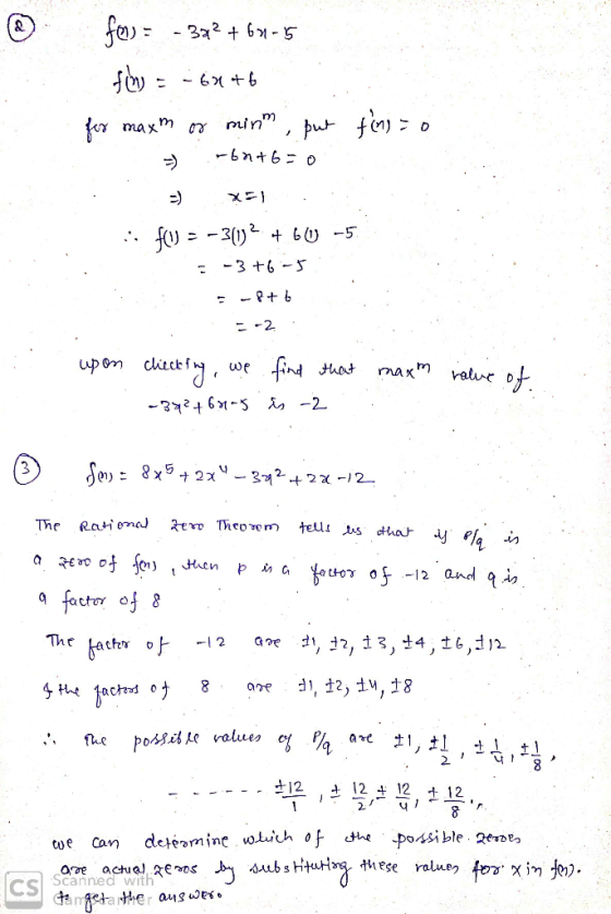 for) -372 +691-55 fW = - 6x +6 for maxm of minm, put fug=0 = 606=0. XI i fu = -3(1)2 + 663 -5 : : -3 +6-5 B = -8+6 . 2 . upon