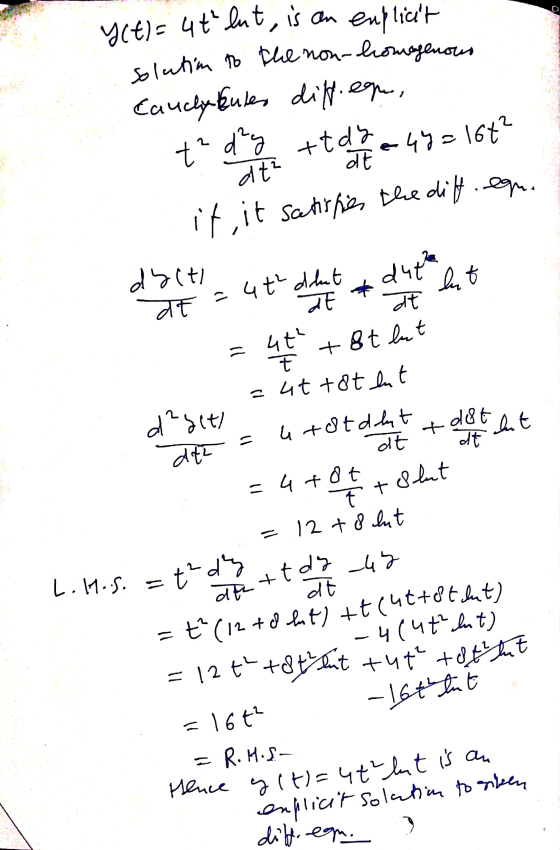 .ttdy 45 y(t) = 4t lut, is an explicit solution to the now-homogenous t² day ttdy. dt dt² duto lut ना * Caucly Bules diff.eon