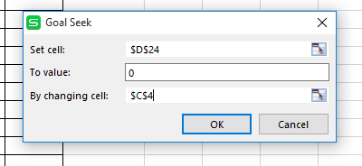 S Goal Seek Set cell: $D$24 To value: By changing cell: SC54|| | OK Cancel