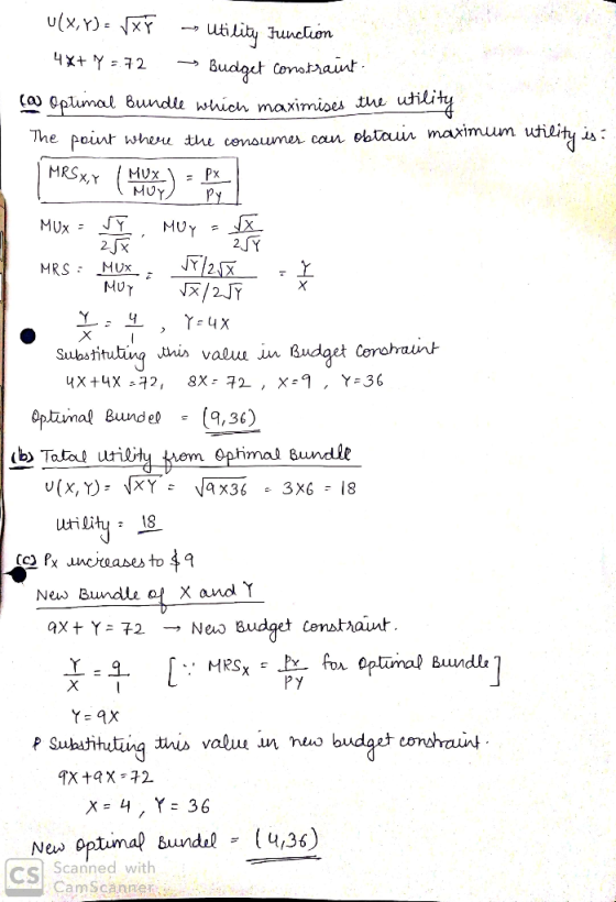 tt U(X,Y) - VXF - Utility Function 4x+ y = 72 = Budget constraint. (Q Optimal Bundle which maximises the utility The point wh