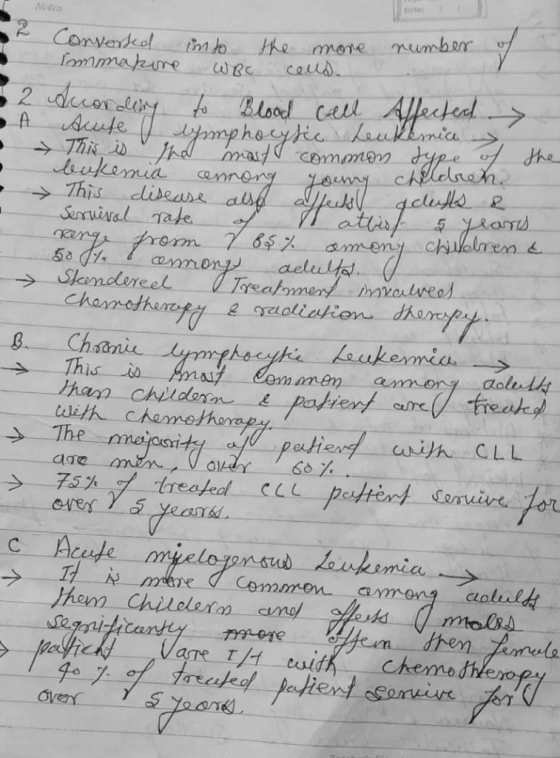 Notes » Converted into the more number of immakine WBC could * 2 dccording to Blood cell Affected ►A Acute a lymphocytic > le