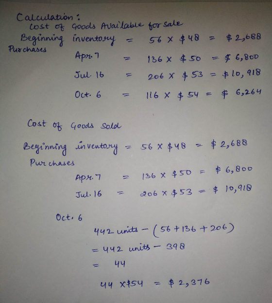 Calculation: Cost of goods Available for sale Beginning inventory = 56 X $48 2 $ 2,688 Purchases Ари, а 136 x 450 = $ 6,800 J