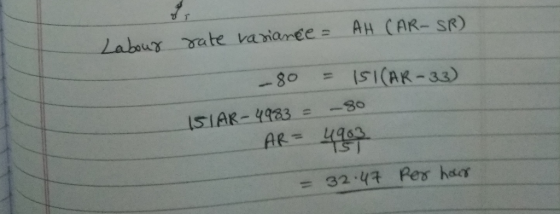 AH CAR- SR) Labour rate vaianee = - 80 S(AK-33) 11 -80 ISTAR-4983= AR= 4963 TSI = 32.47 Res haer