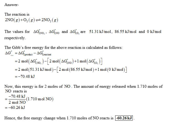 Answer- The reaction is 2NO(g) + O2(g)=2NO2(g) The values for AGNO,, AGENO and Agio are 51.31 kJ/mol, 86.55 kJ/mol and 0 kJ/m