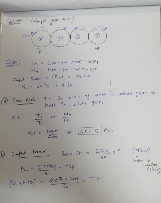 Solution: (simple gear train) cowb ilp olp Ciren : Ni ? 200 rpm (cew) 2oulp 1000 rpry ((w) 200LP Input Power (Pin) so kw n =